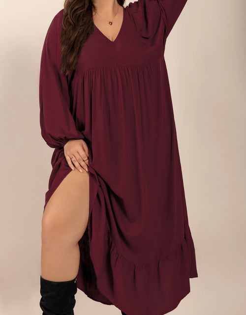 Load image into Gallery viewer, Plus Size Ruffled Hem V-Neck Balloon Sleeve Dress
