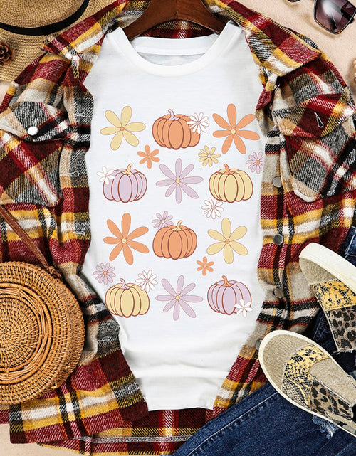 Load image into Gallery viewer, Pumpkin &amp; Flower Round Neck Short Sleeve T-Shirt
