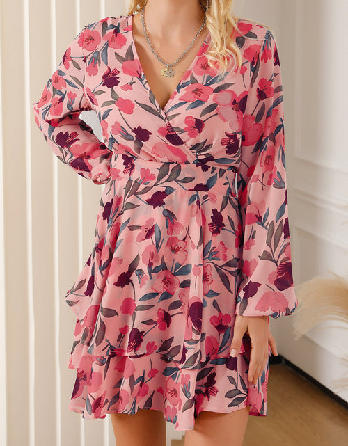 Load image into Gallery viewer, Printed Surplice Balloon Sleeve Mini Dress
