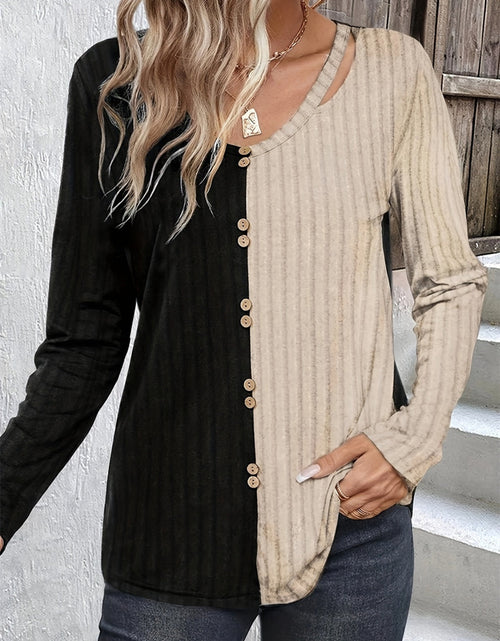 Load image into Gallery viewer, Decorative Button Contrast Round Neck Long Sleeve T-Shirt
