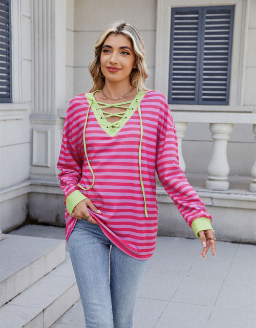 Load image into Gallery viewer, Lace-Up Striped Long Sleeve T-Shirt
