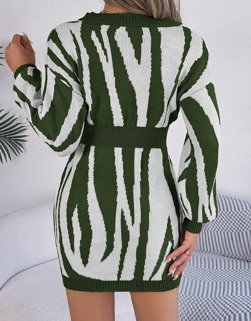 Load image into Gallery viewer, Animal Print V-Neck Long Sleeve Sweater Dress
