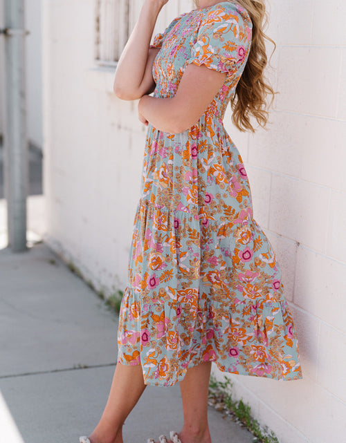 Load image into Gallery viewer, Floral Flounce Sleeve Round Neck Midi Dress
