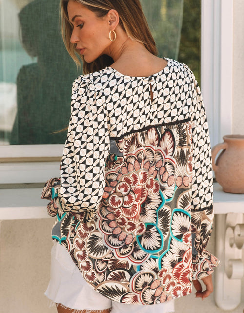 Load image into Gallery viewer, Mixed Floral Geometric Print Ruffled Long Sleeve Blouse
