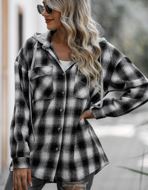 Load image into Gallery viewer, Double Take Drawstring Plaid Long Sleeve Hooded Shacket
