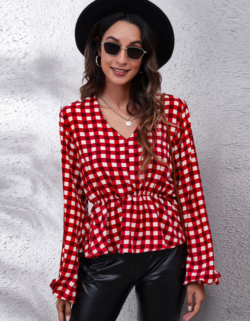 Load image into Gallery viewer, Plaid V-Neck Balloon Sleeve Peplum Blouse
