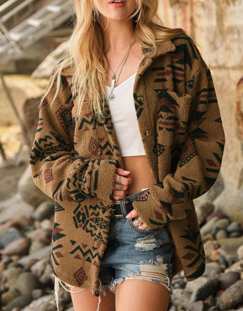 Load image into Gallery viewer, Geometric Button Up Long Sleeve Sherpa Jacket
