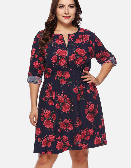 Load image into Gallery viewer, Plus Size Floral Print Half Zip Up Dress
