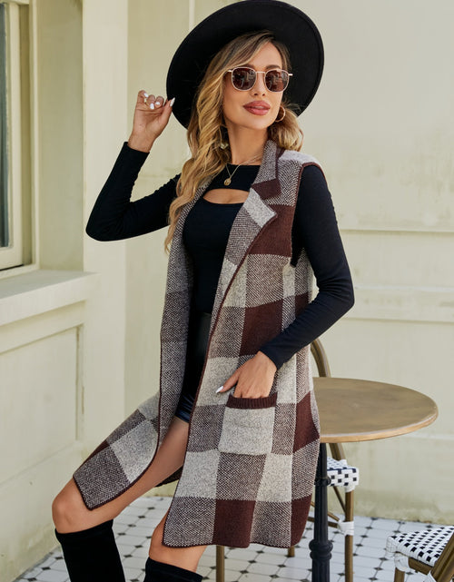 Load image into Gallery viewer, Plaid Lapel Collar Sleeveless Cardigan
