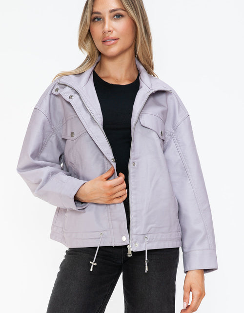 Load image into Gallery viewer, How Dare U Drawstring Hem PU Leather Zip Up Jacket
