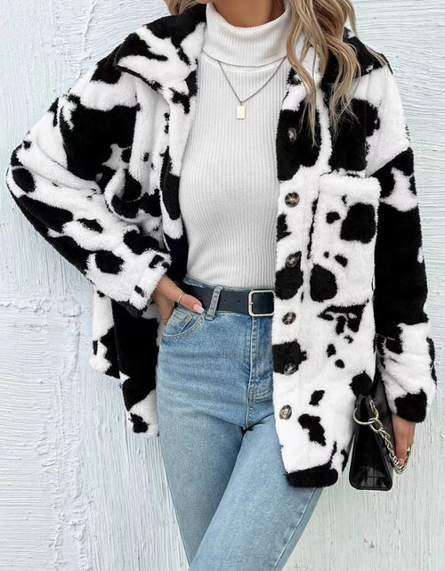 Load image into Gallery viewer, Cow Print Collared Neck Button Up Fuzzy Jacket
