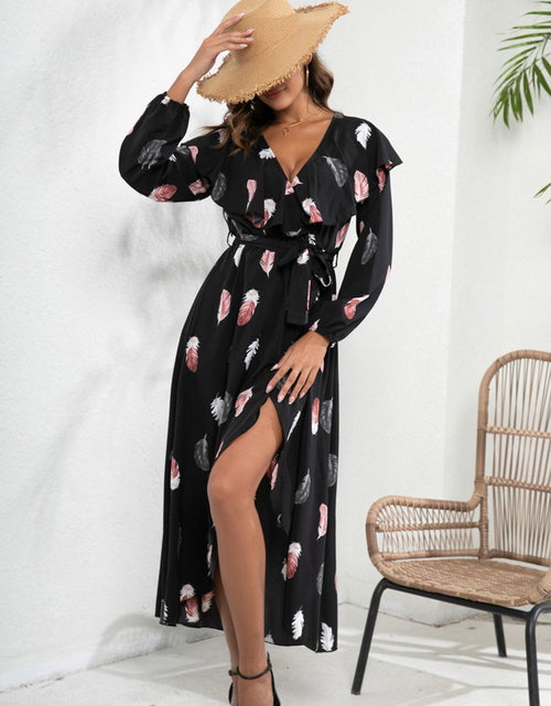 Load image into Gallery viewer, Printed Tie Front Ruffle Trim Long Sleeve Dress
