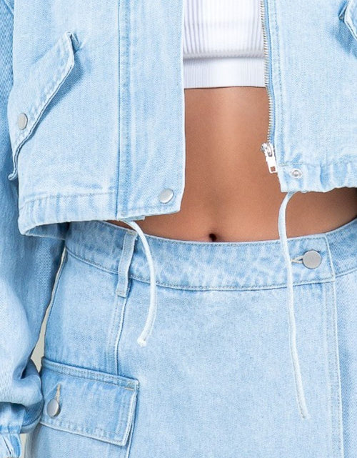 Load image into Gallery viewer, American Bazi Drawstring Waist Crop Denim Jacket
