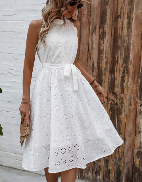 Load image into Gallery viewer, Eyelet Grecian Neck Tie Waist Midi Dress
