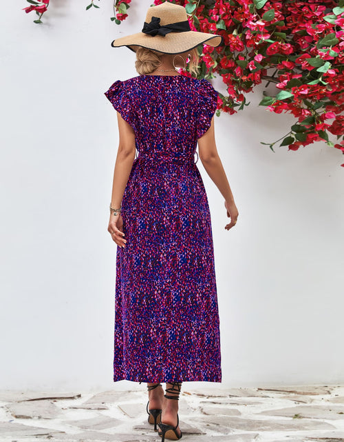 Load image into Gallery viewer, Printed Surplice Neck Flutter Sleeve Slit Dress
