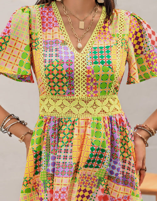 Load image into Gallery viewer, Crochet Trim Printed V-Neck Short Sleeve Mini Dress

