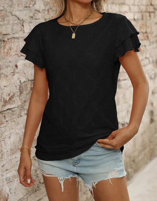 Load image into Gallery viewer, Eyelet Round Neck Double Layered Ruffled Short Sleeve Top
