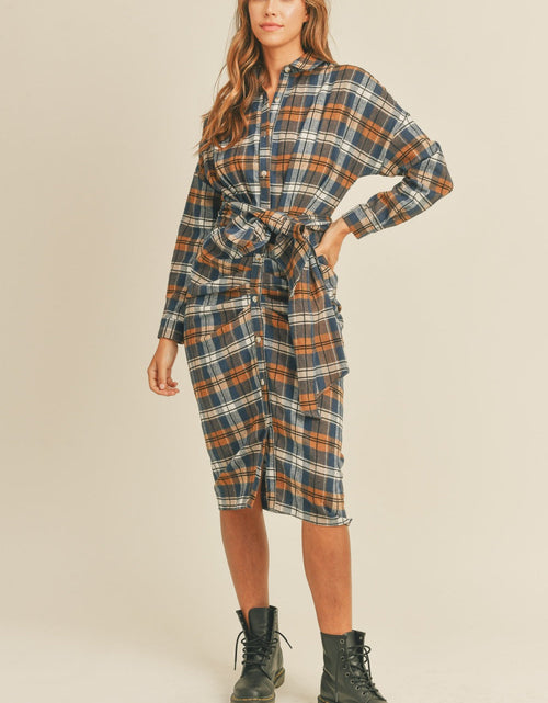 Load image into Gallery viewer, Mable Plaid Flannel Front Tie Button Down Shirt Dress
