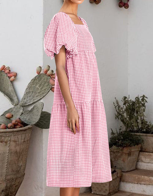 Load image into Gallery viewer, Plaid Square Neck Short Sleeve Dress
