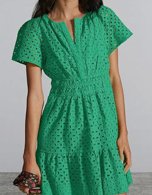 Load image into Gallery viewer, Eyelet Notched Short Sleeve Mini Dress
