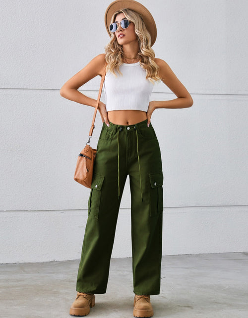 Load image into Gallery viewer, Drawstring Mid-Rise Waist Straight Cargo Jeans
