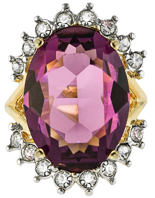 Load image into Gallery viewer, Vintage 1970's Ring Ruby and Clear Austrian Crystals 18k Yellow Gold Plated Band Made in USA by PVD Vintage Jewelry
