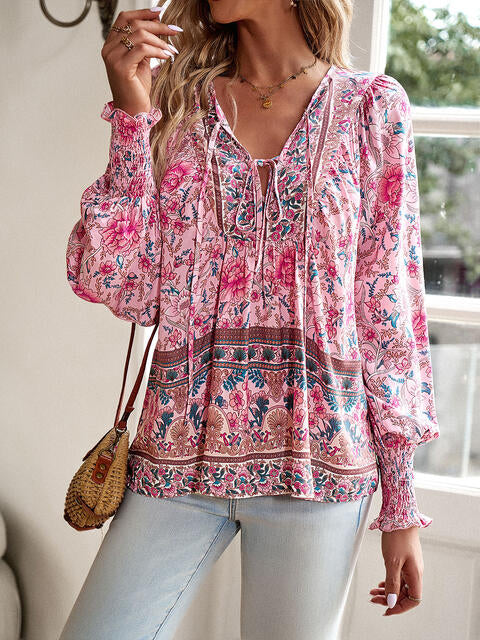 Load image into Gallery viewer, Bohemian Tie Neck Lantern Sleeve Blouse
