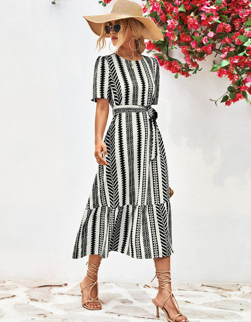 Load image into Gallery viewer, Striped Tie Belt Round Neck Puff Sleeve Dress
