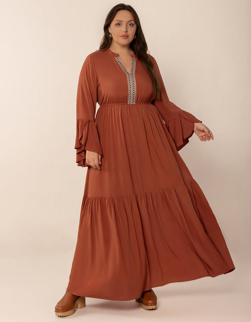 Load image into Gallery viewer, Plus Size Ruffled Notched Long Sleeve Midi Dress
