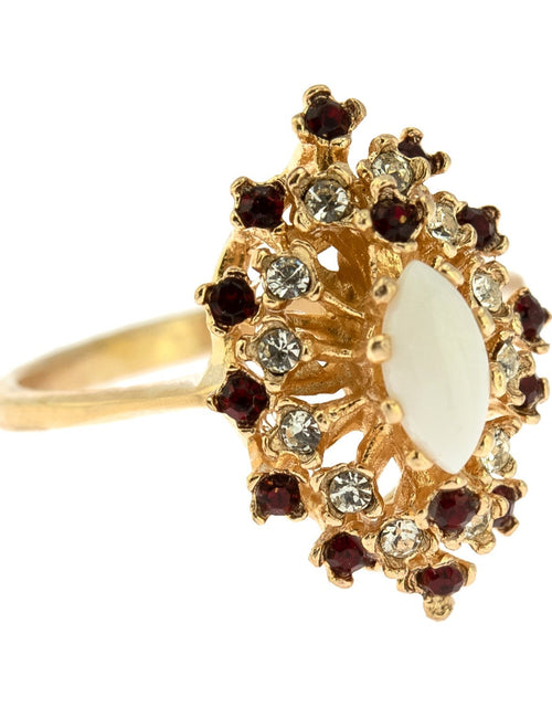 Load image into Gallery viewer, Vintage Ring Genuine Opal with Clear and Ruby Austrian Crystals 18kt Yellow Gold Electroplated by PVD Vintage Jewelry
