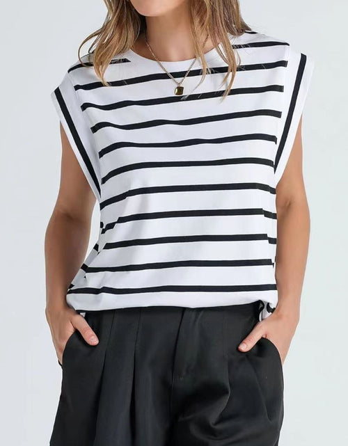 Load image into Gallery viewer, Florira Striped Round Neck Cap Sleeve T-Shirt

