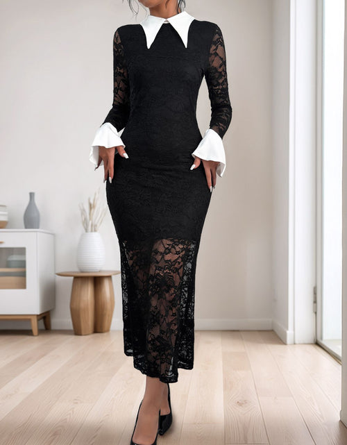Load image into Gallery viewer, Perfee Lace Contrast Collared Neck Long Sleeve Midi Dress
