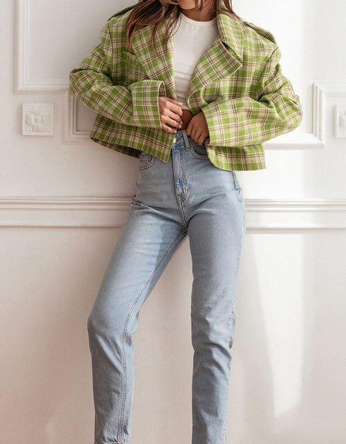 Load image into Gallery viewer, Lapel Collar Plaid Cropped Jacket
