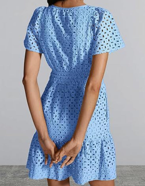 Load image into Gallery viewer, Eyelet Notched Short Sleeve Mini Dress
