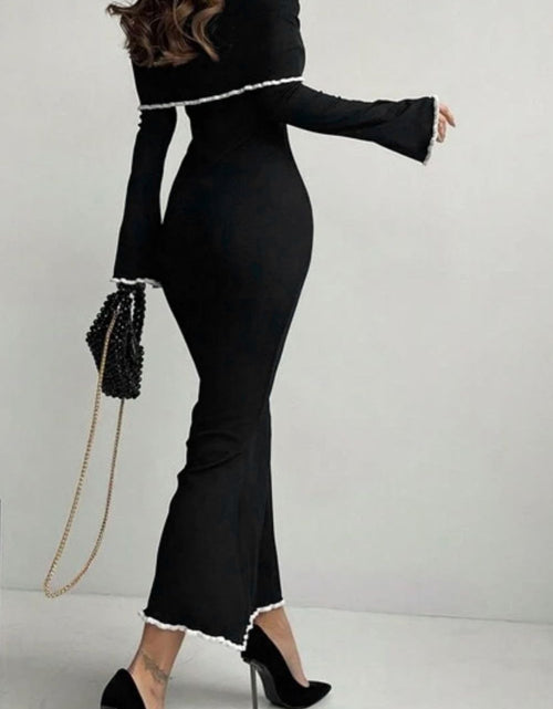 Load image into Gallery viewer, Contrast Trim Off-Shoulder Long Sleeve Maxi Sweater Dress
