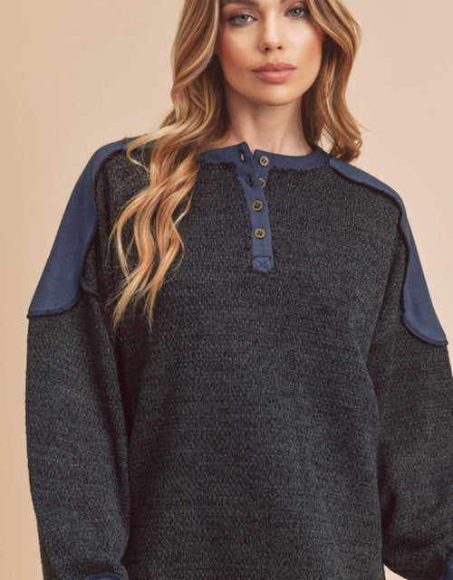 Load image into Gallery viewer, Aemi + Co Side Slit Button Detail Contrast Shoulder Sweatshirt
