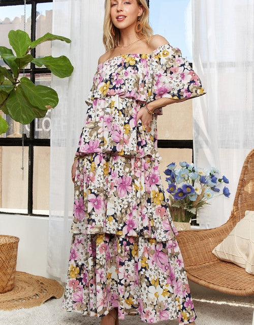 Load image into Gallery viewer, ADORA Layered Floral Off-Shoulder Short Sleeve Maxi Dress
