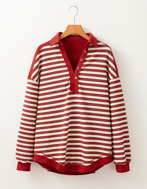 Load image into Gallery viewer, Stripe Johnny Collar Drop Shoulder Sweatshirt
