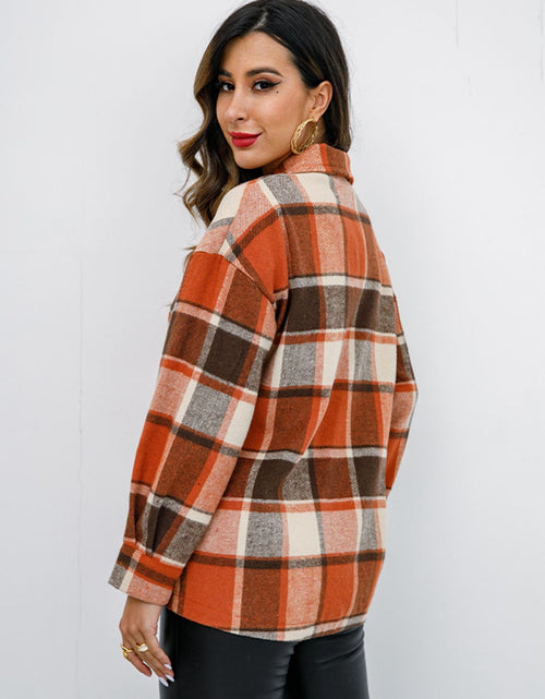 Load image into Gallery viewer, Shiny Plaid Button Up Collared Neck Jacket
