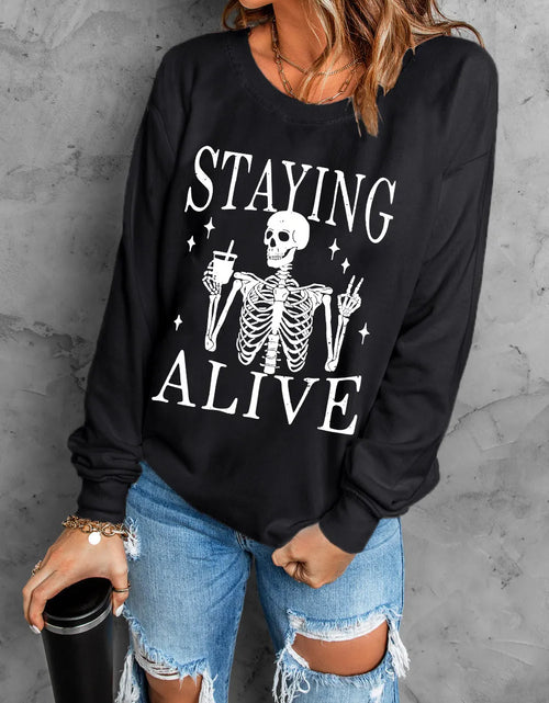 Load image into Gallery viewer, Skull Graphic Round Neck Long Sleeve Sweatshirt
