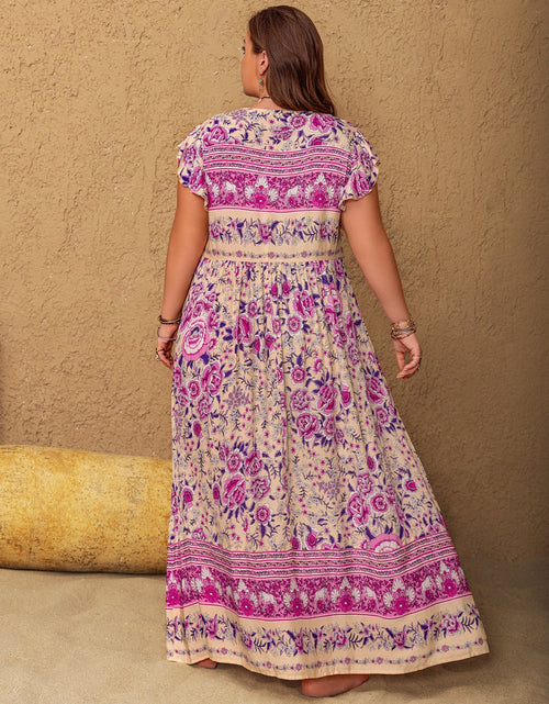 Load image into Gallery viewer, Plus Size Printed V-Neck Cap Sleeve Maxi Dress
