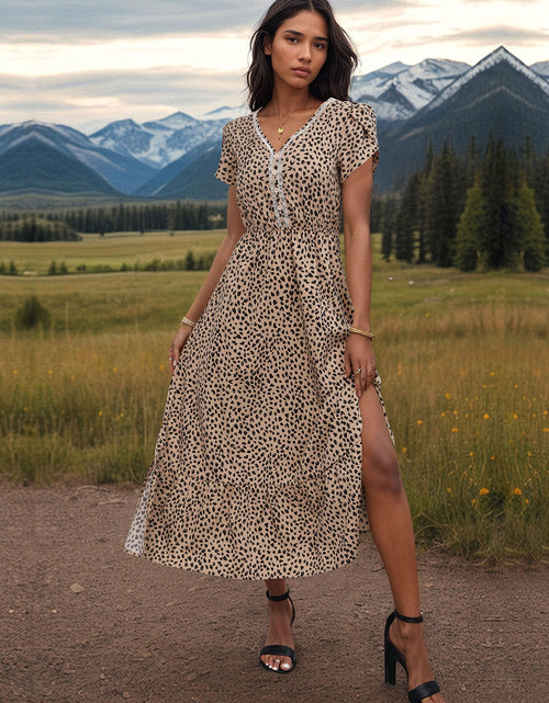 Load image into Gallery viewer, Perfee Slit Printed V-Neck Short Sleeve Dress
