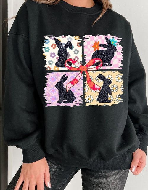 Load image into Gallery viewer, Floral Bunny Plaid Bow Graphic Easter Sweatshirt
