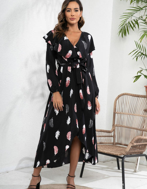 Load image into Gallery viewer, Printed Tie Front Ruffle Trim Long Sleeve Dress
