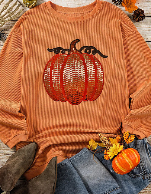 Load image into Gallery viewer, Sequin Pumpkin Round Neck Long Sleeve Sweatshirt
