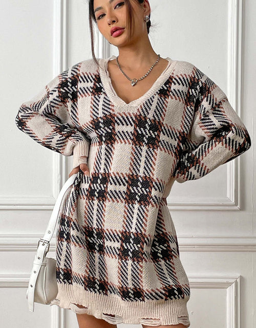 Load image into Gallery viewer, Plaid V-Neck Long Sleeve Sweater Dress
