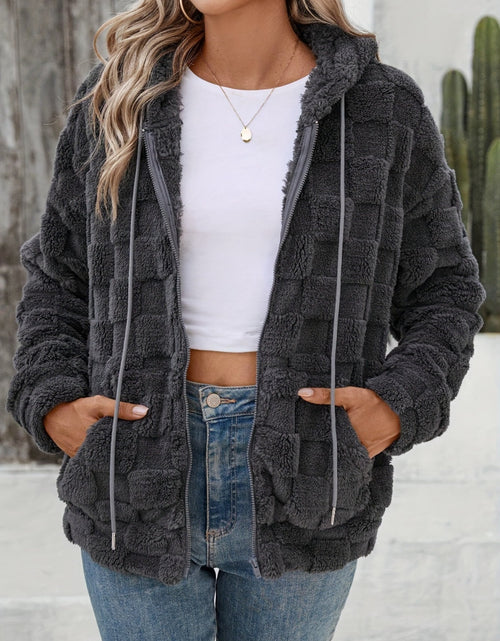 Load image into Gallery viewer, Checkered Texture Zip Up Drawstring Fuzzy Jacket
