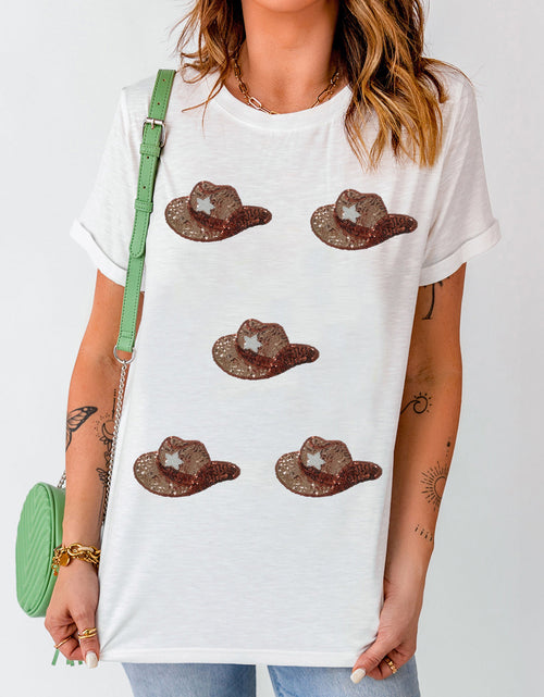 Load image into Gallery viewer, Sequin Hat Round Neck Short Sleeve T-Shirt

