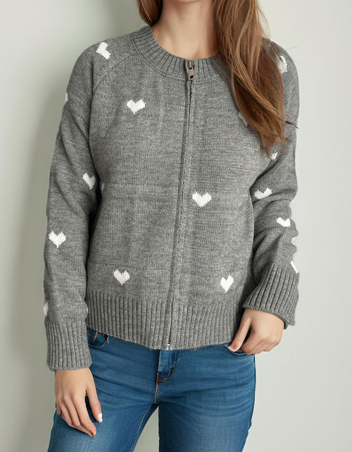 Load image into Gallery viewer, Heart Round Neck Zip Up Cardigan
