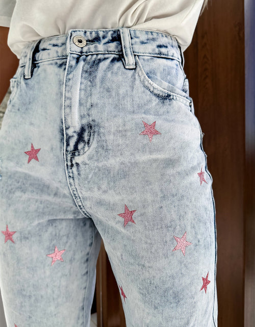 Load image into Gallery viewer, Distressed Star Straight Jeans with Pockets
